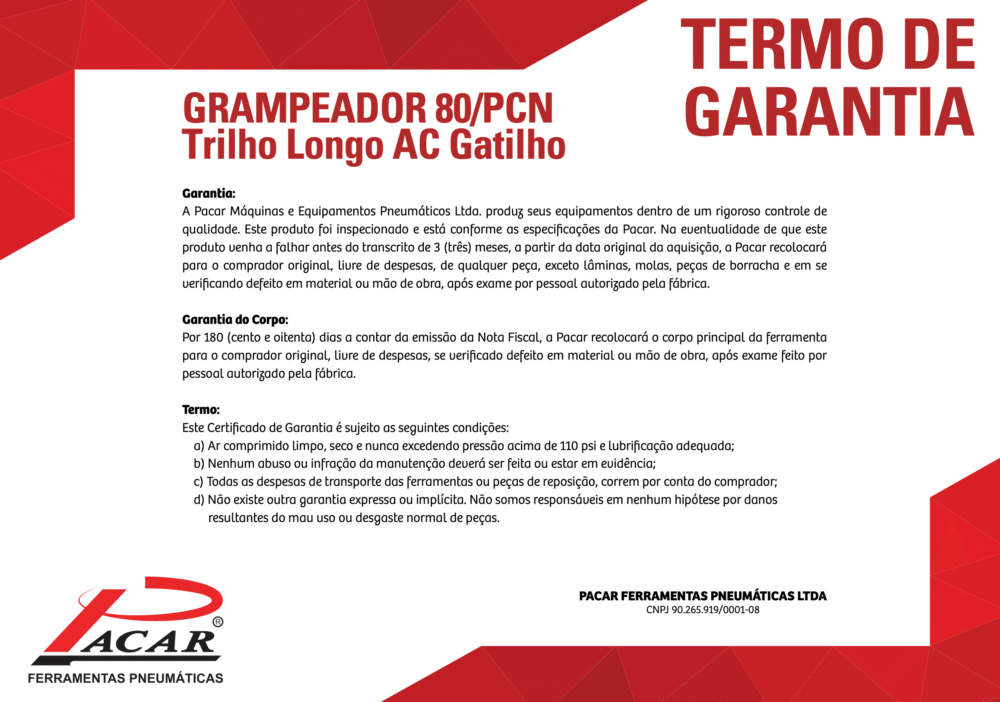 Grampeador Pneumático Pacar 80 PCN com Trilho Longo - Imagem 4
